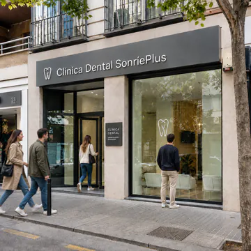Fachada de Clínica Dental SonríePlus con personas