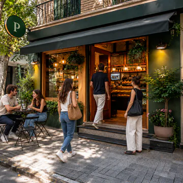 Fachada cuidada con toldo verde, logo P y personas