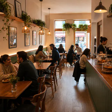 Interior con bancos verdes, mesas de madera y clientes