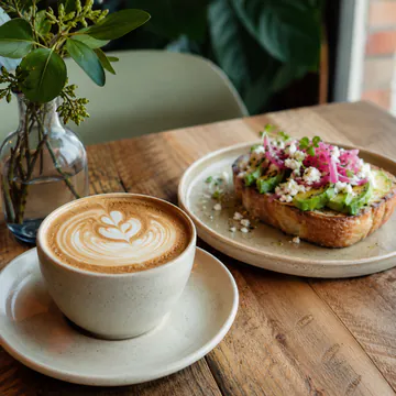 Café con arte latte y tostada con aguacate