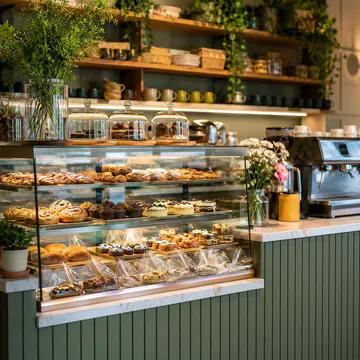 Vitrina de pastelería bien presentada